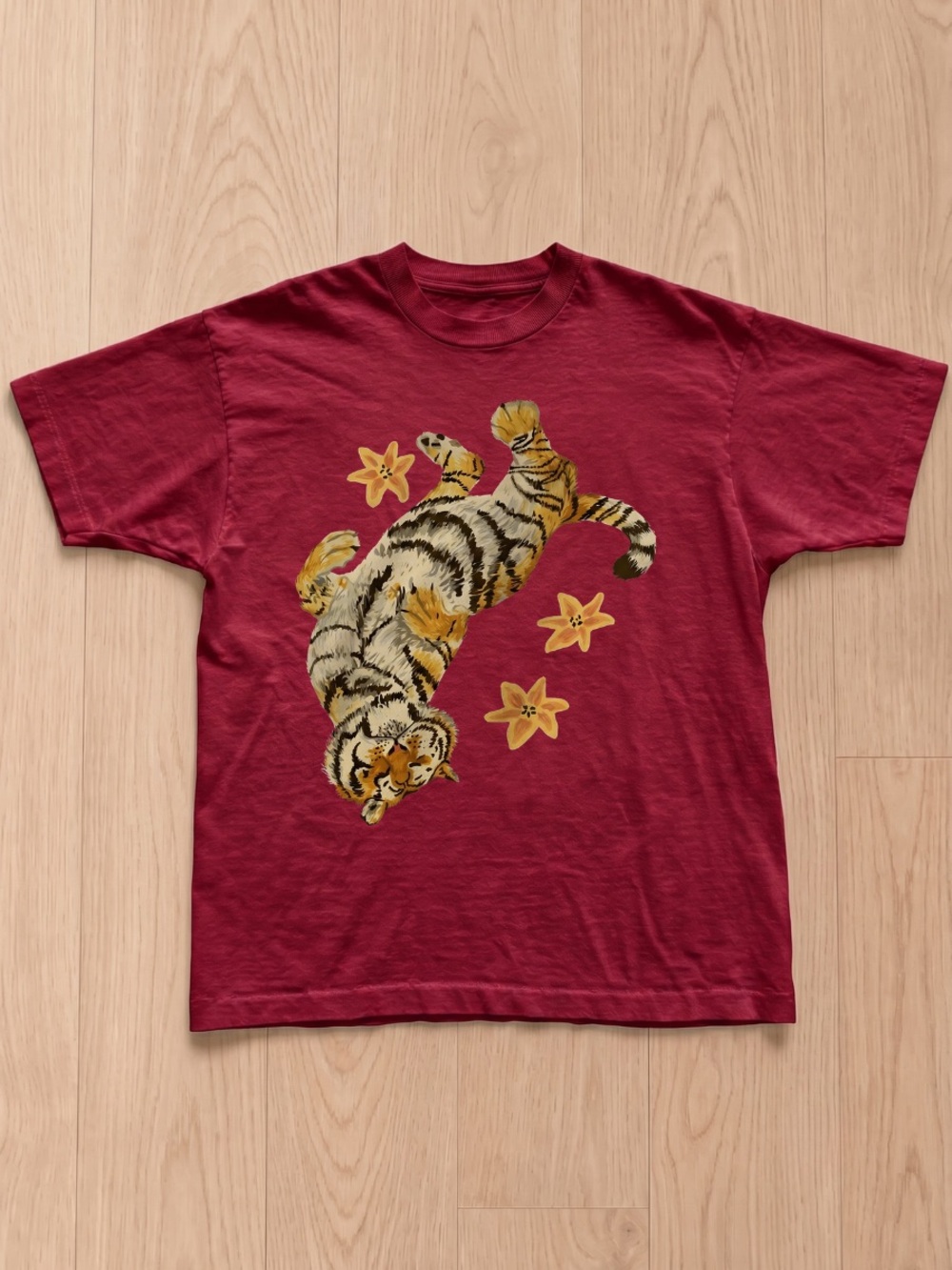Gildan Burgundy Tee with Tiger & Yellow Floral Graphic